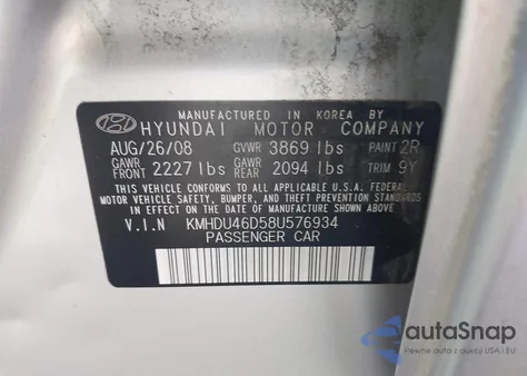 2008 Hyundai Elantra Gls/Se z USA, uszkodzony, nr VIN KMHDU46D58U576934